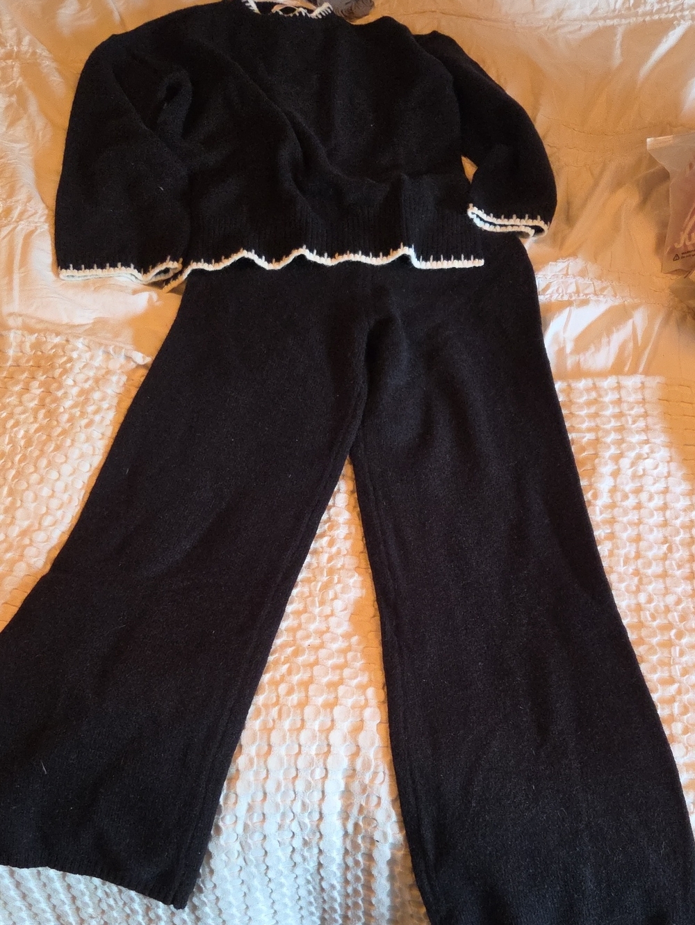 Black Two-Piece Knit Sweater Set with White Trim